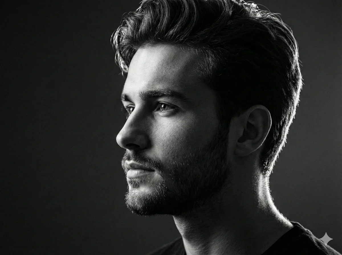 Black and white studio side-profile portrait prompt